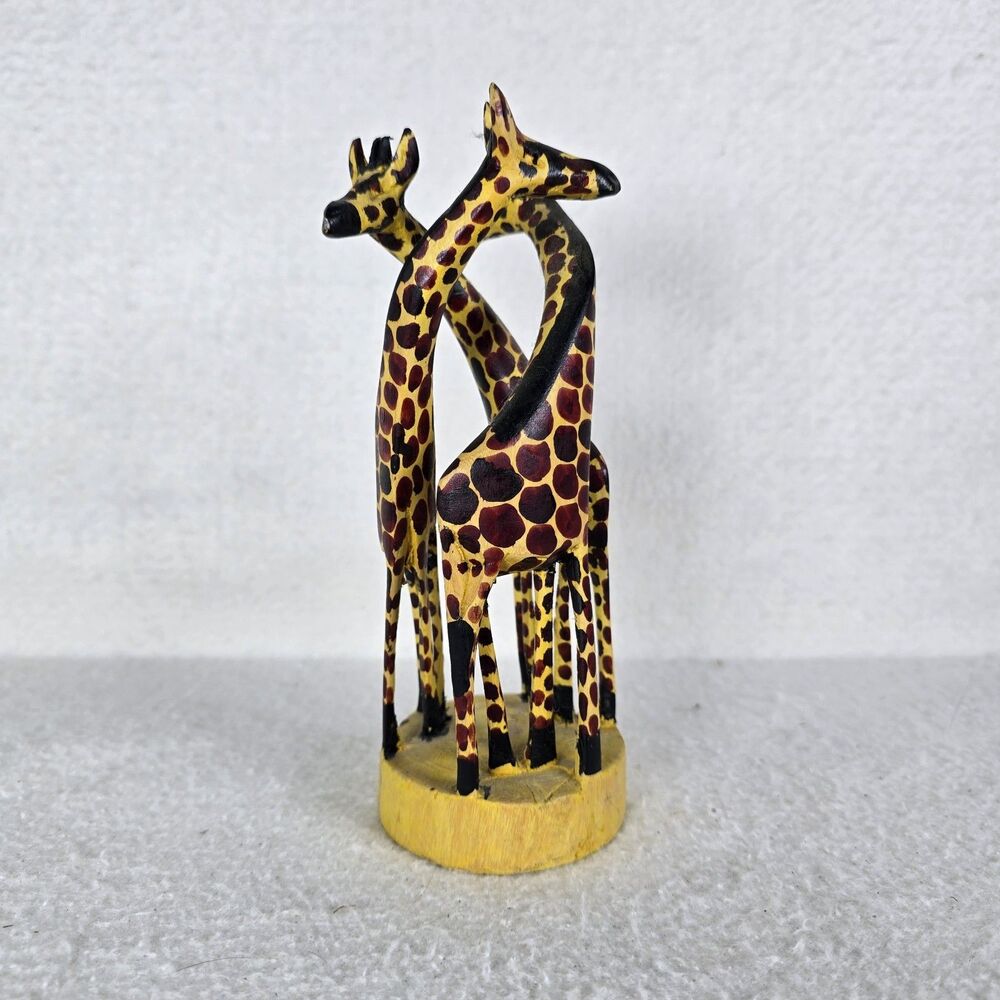 3 Entwined Wooden Giraffes Sculpture Hand Carved Hand Painted African 8 Inch